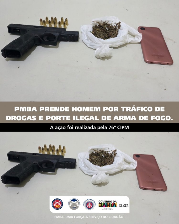 PMBA PRENDE HOMEM POR TRÁFICO DE DROGAS E PORTE ILEGAL DE ARMA DE FOGO 