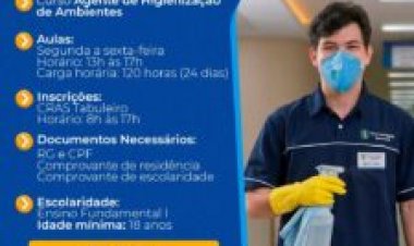 Inscrições gratuitas para curso de Agente de Higienização de Ambientes estão abertas no CRAS Tabuleiro