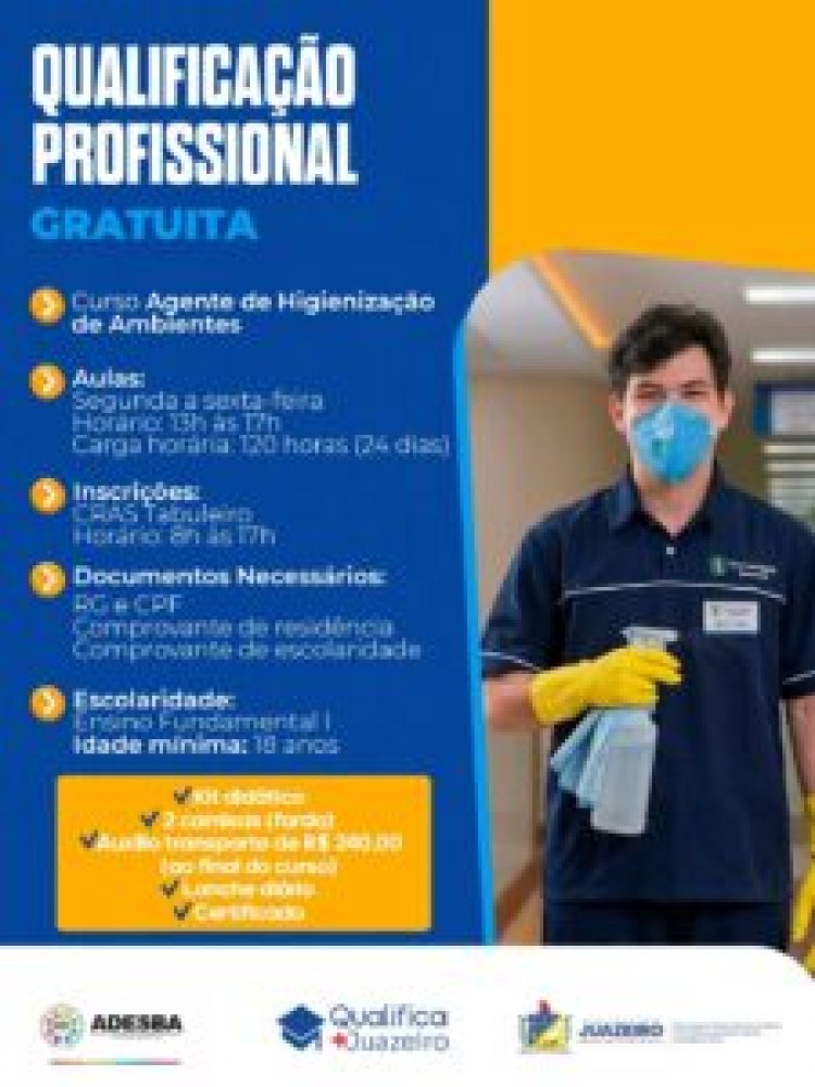 Inscrições gratuitas para curso de Agente de Higienização de Ambientes estão abertas no CRAS Tabuleiro